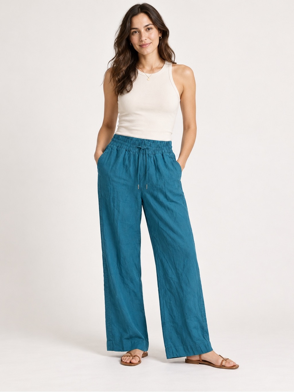 Quince 100% Linen Wide Leg Pull-On Pants – Teal Blue – Size Medium